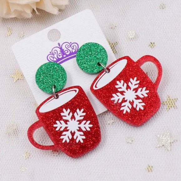 🍏50% OFF/3+...Glittering Acrylic Mitten/Mug Dangle Christmas Earrings - Picture 5 of 7